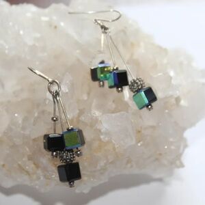New 1-3/4 Inch Drop Earrings,  Cube Iridescent Beads on Silver Fish Hook Wires